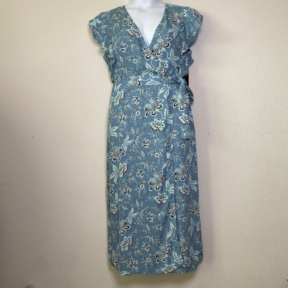 Vince Camuto Wrap Dress 8 Blue Womens Cottagecore Floral‎ Ruffle Midi NWT Garden